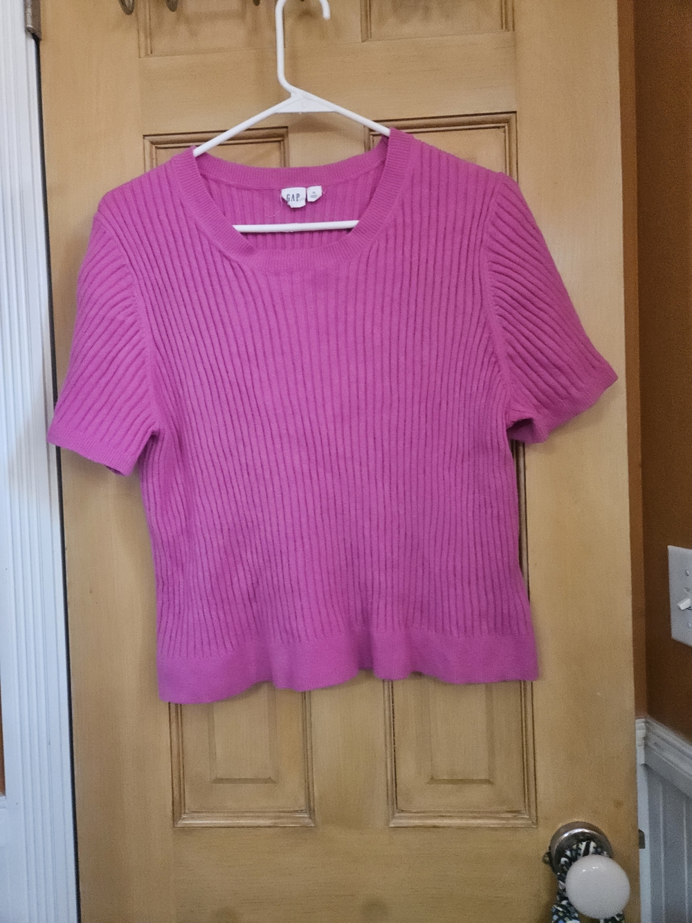 GAP Short Sleeve Ribbed Knit Top - Bright Pink